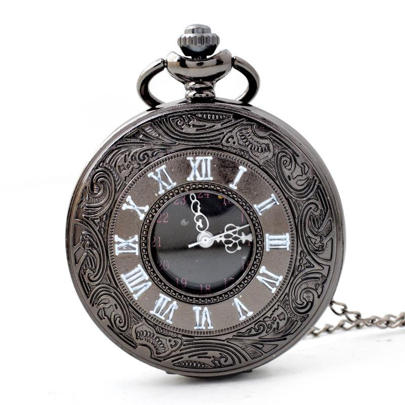 Large Black Decorative Romagna Double Display Pocket Watch Retro Necklace Men'S Alloy Pocket Watch