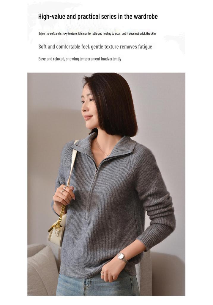 Women's Versatile Wool Half-Zip Stand Collar Sweater - Long Sleeve Knitwear for Autumn and Winter