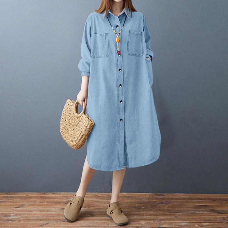 

Жіноча повсякденна вільна сукня-сорочка з відкладним коміром і довгим рукавом ZANZEA M світло-синій колір