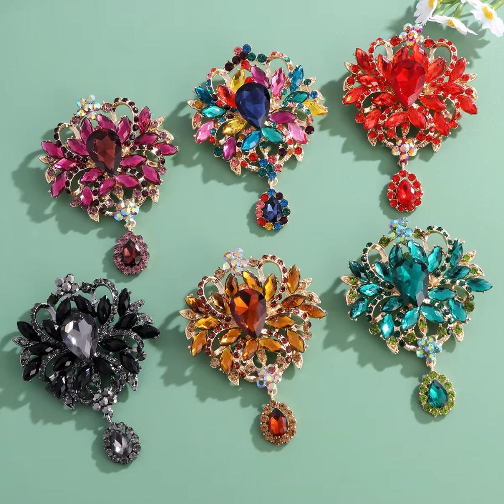 Large Crystal Rhinestone Brooch Water-drop Dangle Brooch Elegant Crystal Brooch Evening Gown