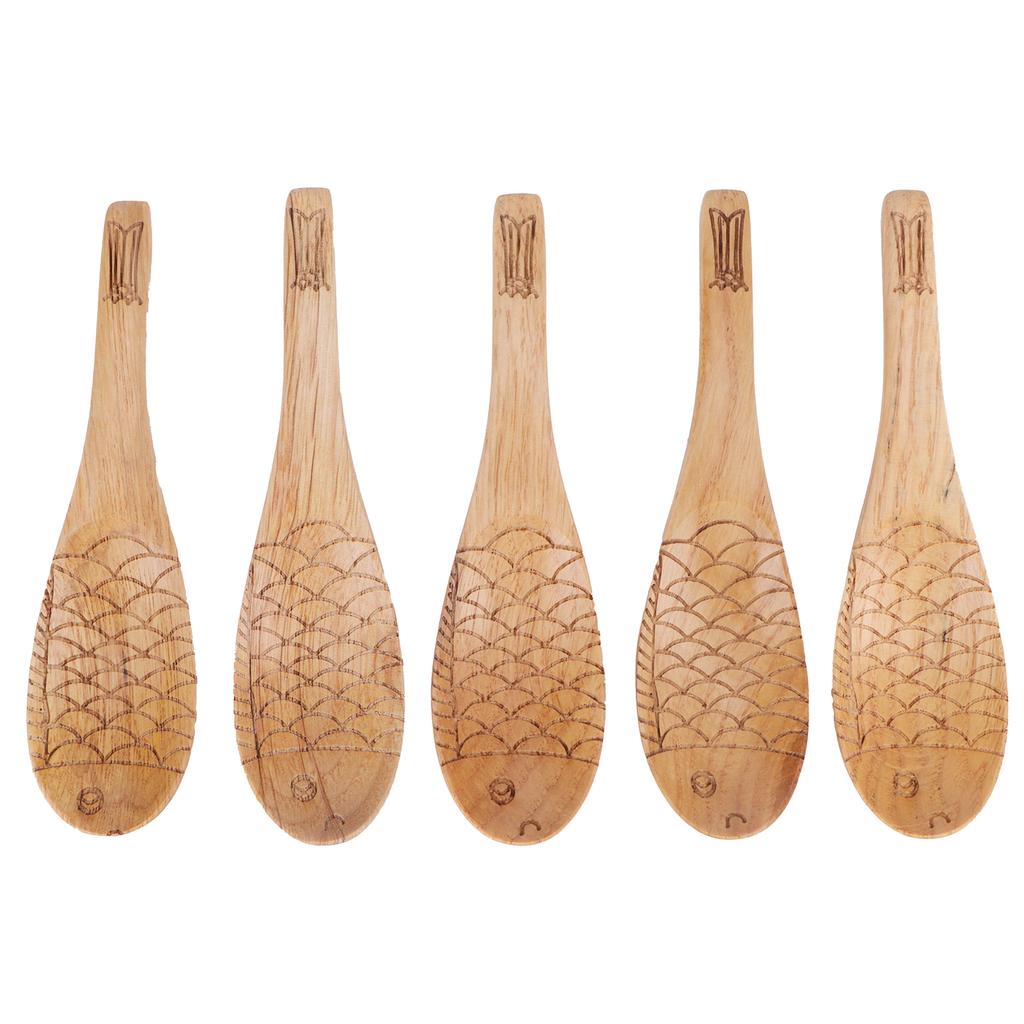 5Pcs Wood Rice Spoon Innovative FishShaped Carving Soup Ladle Tableware Kitchen Utensil