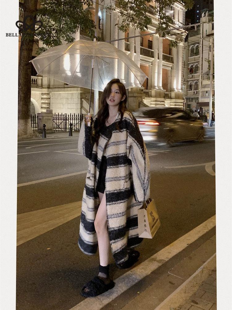 Mode Lose Elegante Gestreifte Schafe Lockige Jacke Frau Mode Herbst Winter Warm Lose Langen Mantel