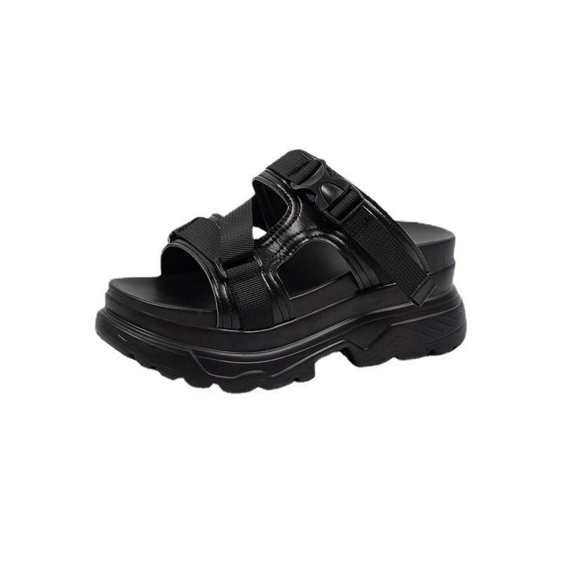 

2024 summer new muffin bottom open-toed casual sandals women s Velcro wedge heel women s shoes large size Roman slippers women 35 чёрный