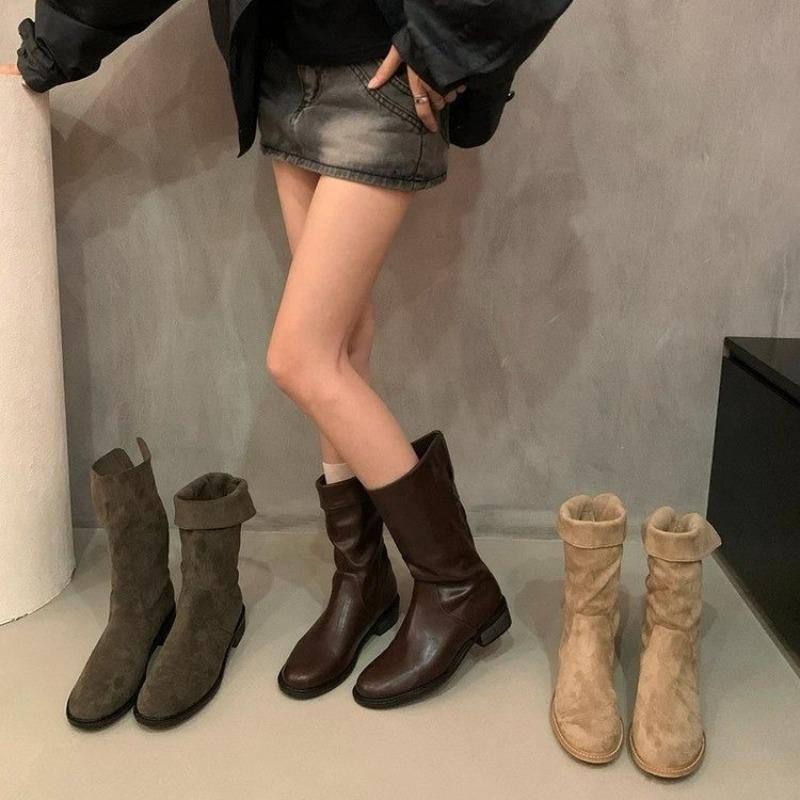 Schlankmachende Briti Sle Mid-Calf Knight ort Stiefel Damen Modische Stiefel Frühling Herbst Einzelstiefel PU-Leder Wate...