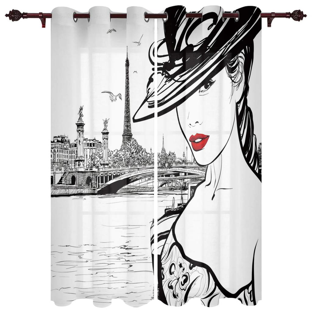 Paris Architecture Pink Window Curtains Bedroom Kitchen Curtain Panel Christmas Home Decor Curtains for Living Room
