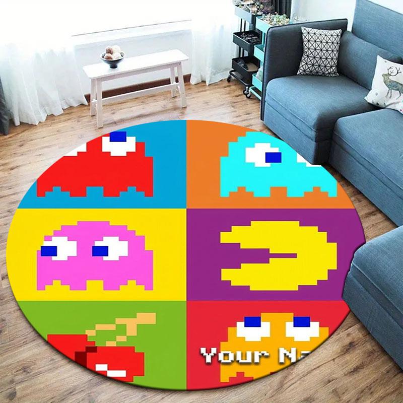 Pac-Man Custom Name Round Area Rug,Carpet Rug for Living Room Bedroom Sofa Playroom Decor,Non-slip Floor Mat