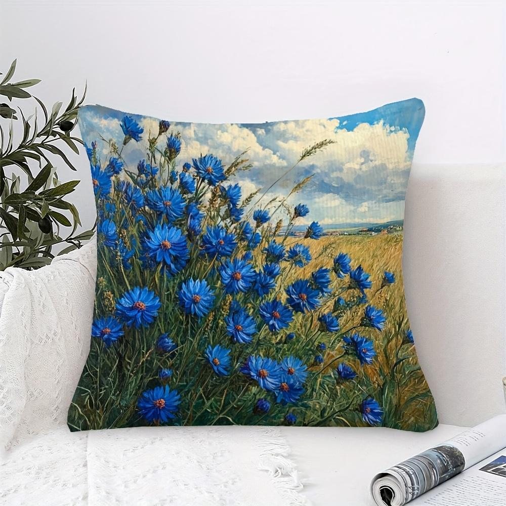 Vintage Blue Cornflower Pillow Cover 2D Print Country Field Landscape Cushion Case For Sofa Bed Couch Rustic Home Decor