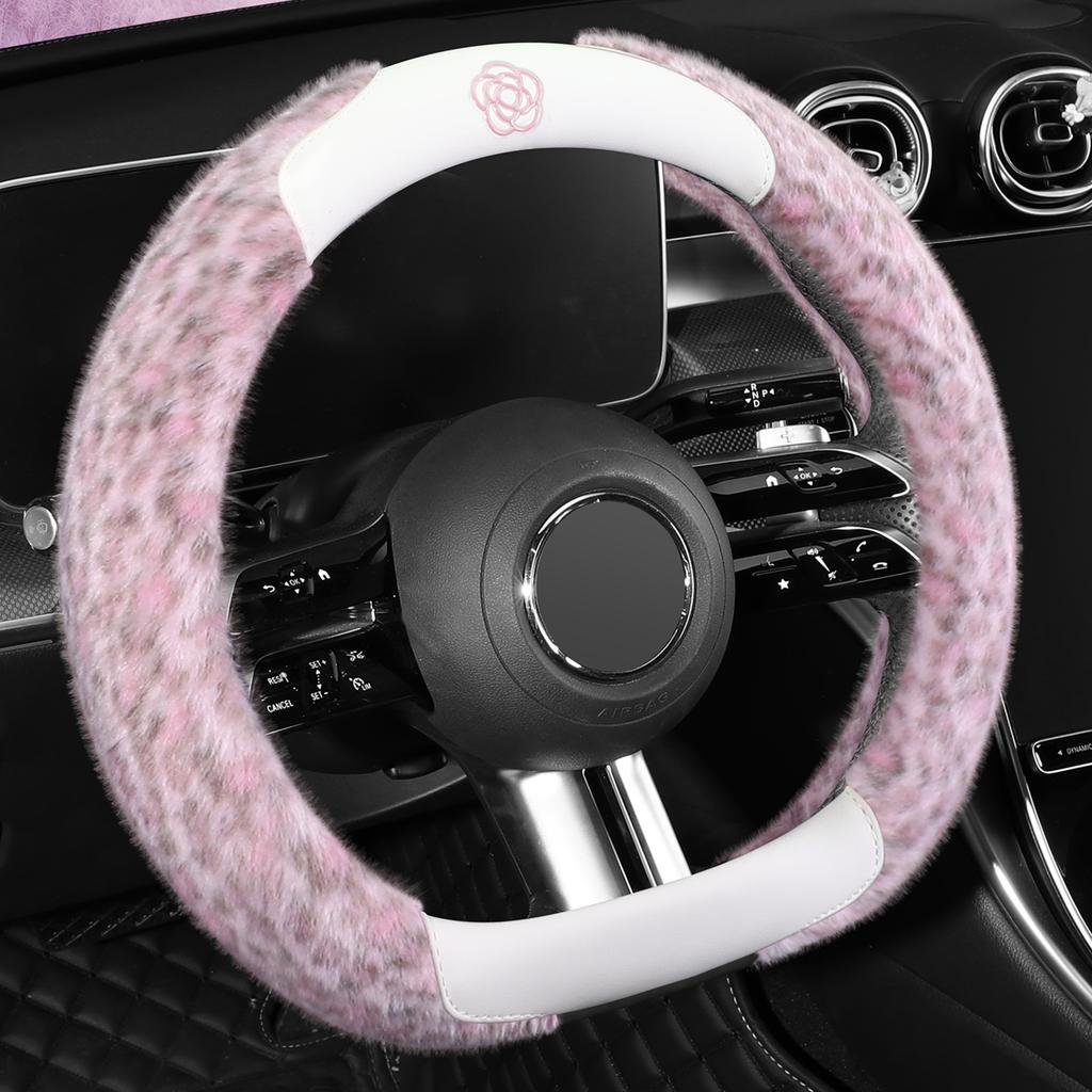 New Leopard Print D-Shaped Steering Wheel Cover for 15inch Cars Plush Material Non-Slip Grip Winter Comfortable & Stylish