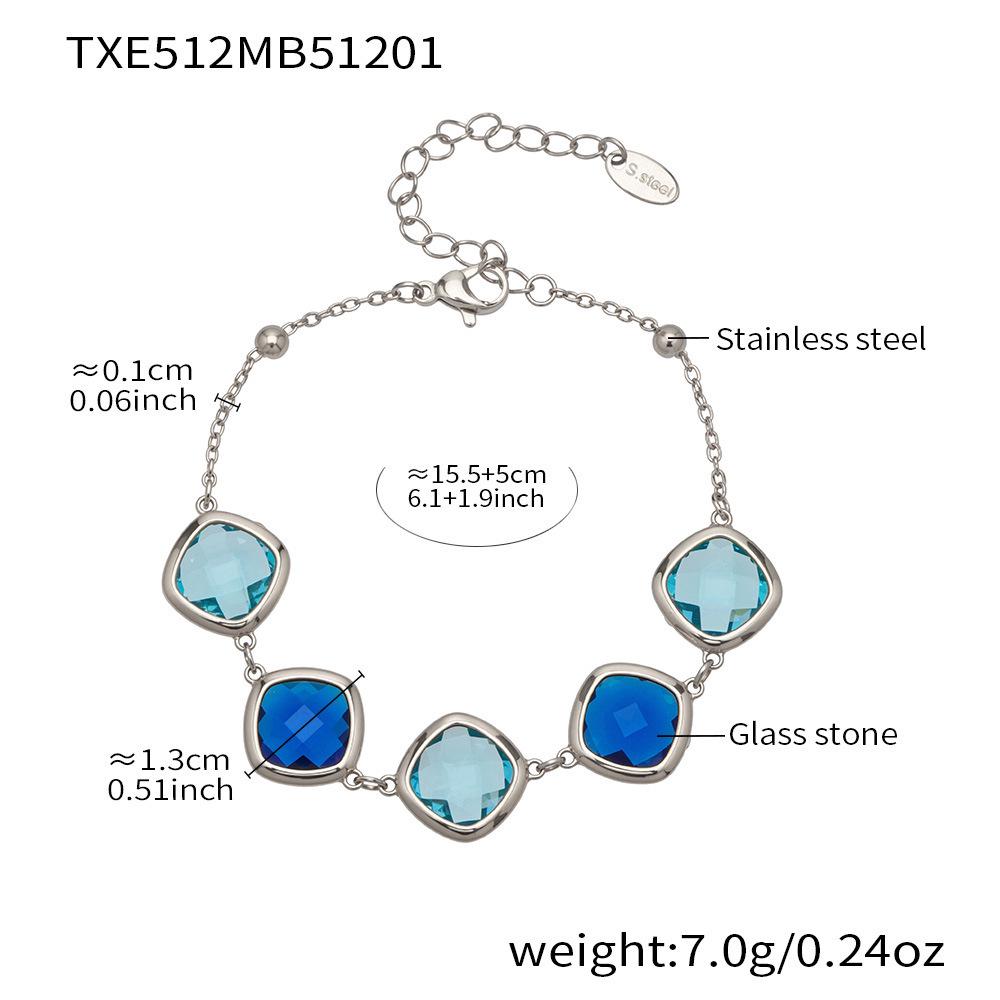 Stylish European & American Stainless Steel Jewelry Set with Square Faceted Glass Stones: Includes Bracelet, Necklace, and Earrings