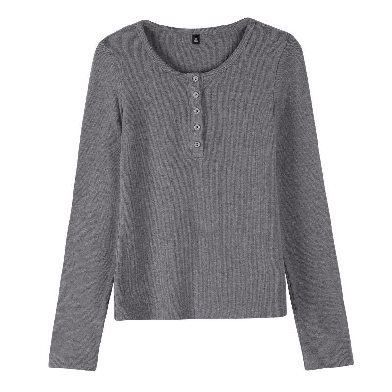 

Женская приталенная трикотажная футболка с длинным рукавом и вырезом хенли, осень/зима 2025 XL хизер серый