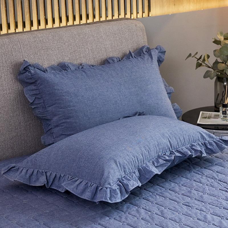 Europa Denimblau Bettwäsche Bettrock Kissenbezüge Mit Baumwolle Unifarben Verdicken Gesteppt Rüschen Matratzenbezug Laken Leinen 1.8M