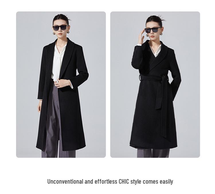 Women's Mid-Length Double-Sided Cashmere Coat - Slim Fit Korean Style Belted Trench, 100% Pure Wool for Autumn and Winter