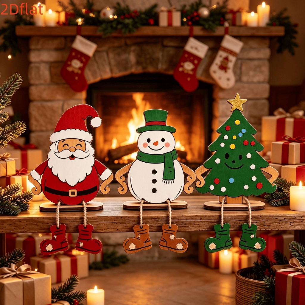 3pcs 2D Flat Christmas Wooden Tabletop Decorations Santa Claus Snowman Christmas Tree Holiday Home Decor Decorative Plaques Ornaments