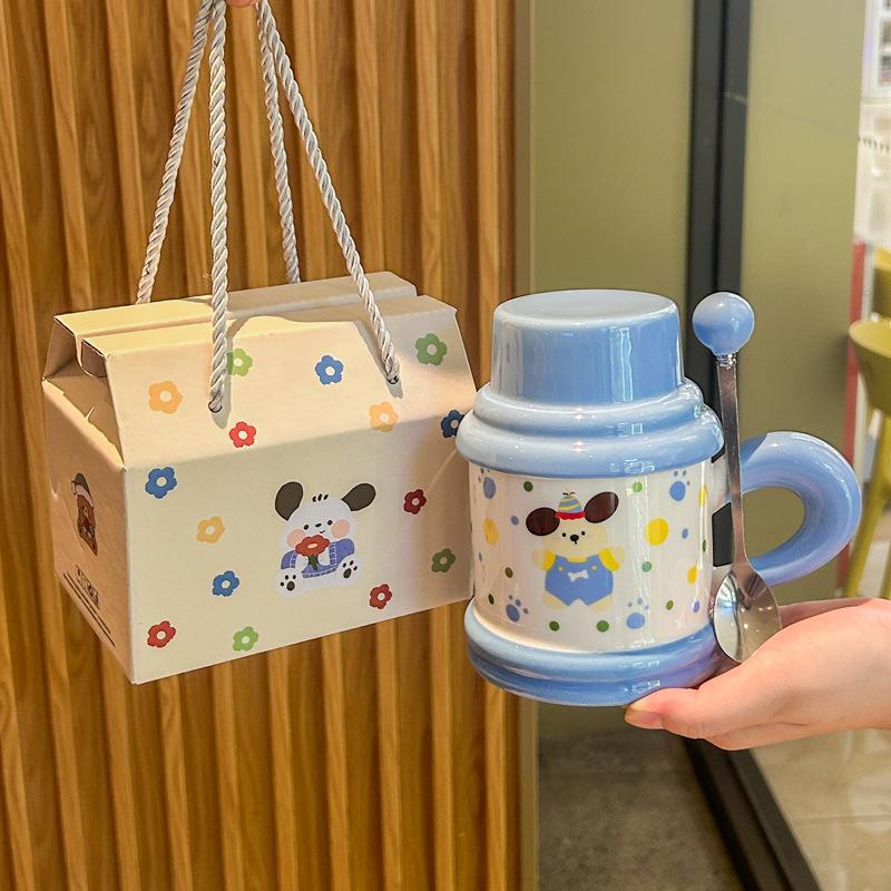 Cute and high-value puppy mug with lid spoon cartoon kitten ceramic cup for girl classmates birthday gift