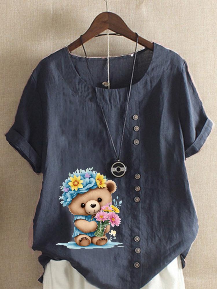Women's Fashion Flower Bear Print Casual Cotton Linen Short Sleeve Round Neck T-shirt Shirt Leisure Loose Summer Blouse Tops