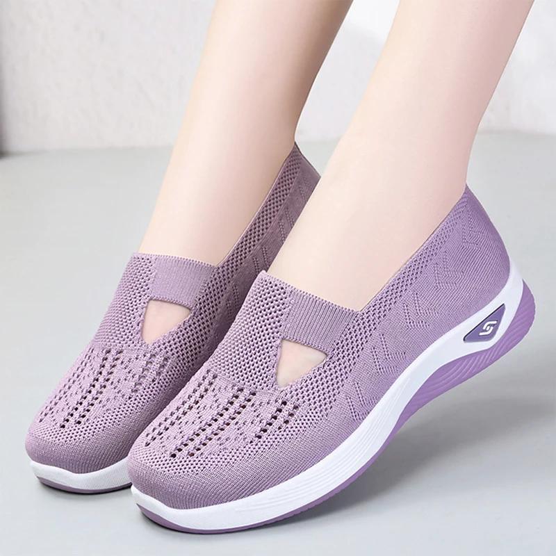 2025 Spring Breathable Knitted Sports Shoes for Women, Large Sized Hollow Soft Soled Flat Shoes for Women, Non Slip Casual Shoes