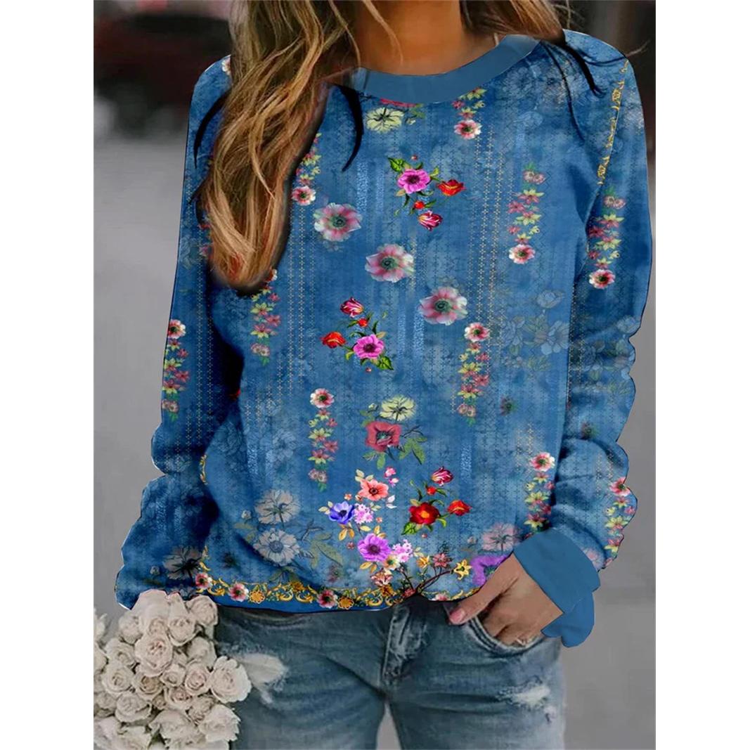 

Женская толстовка с капюшоном, модный цветочный 3D пуловер, осень-зима, винтажная толстовка с длинным рукавом и круглым вырезом с принтом S