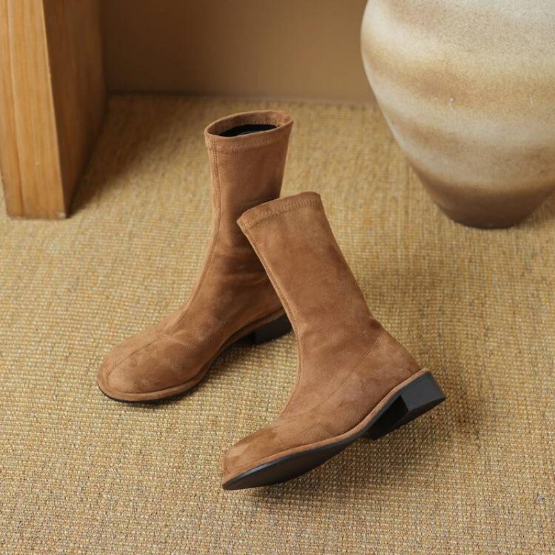 Autumn and winter comfortable suede elastic medium boots women's rubber soles square heel leather boots square head Korean version of the new knig