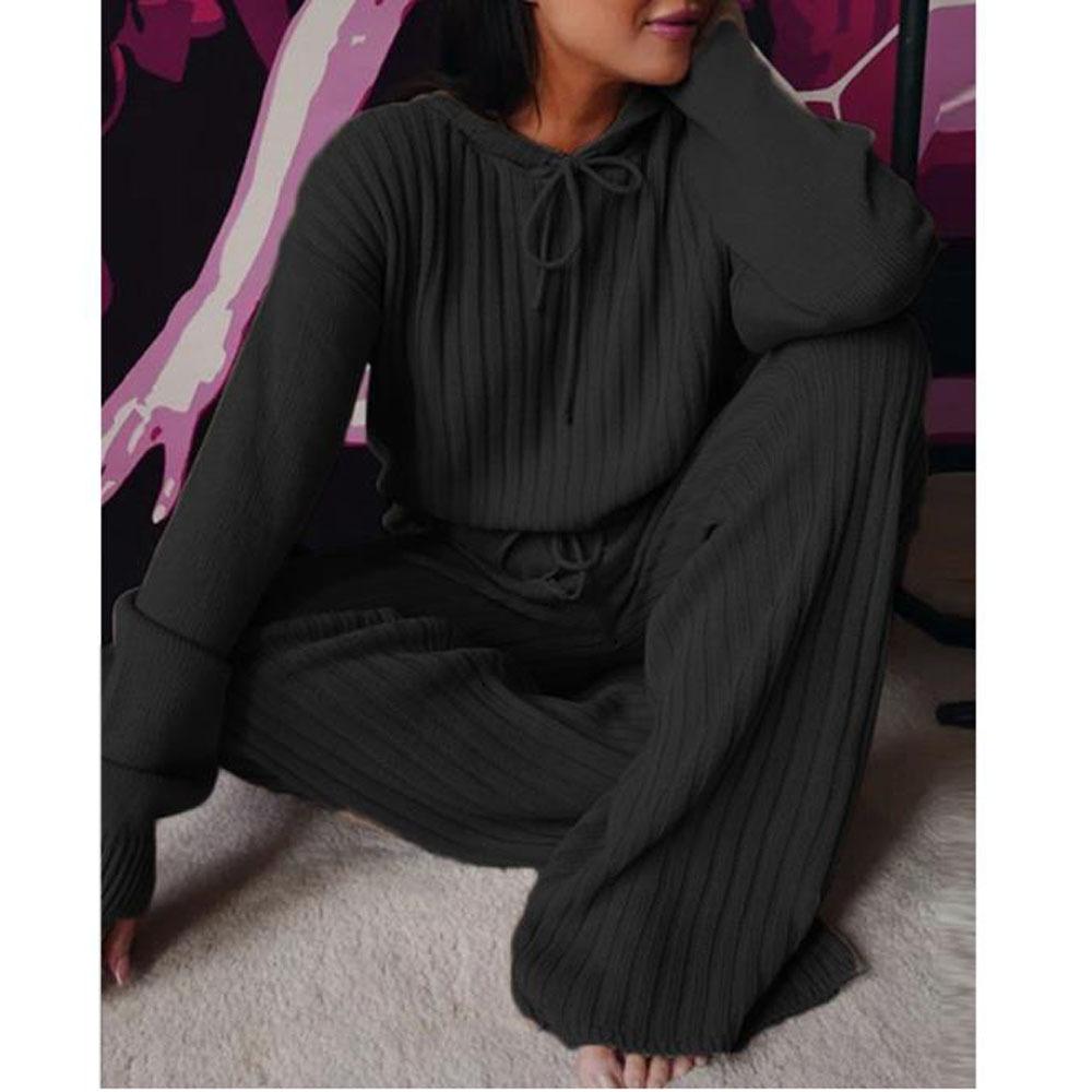 IHUASU Women's Autumn Solid-color Long-sleeved Loose Striped Hooded Casual Suit