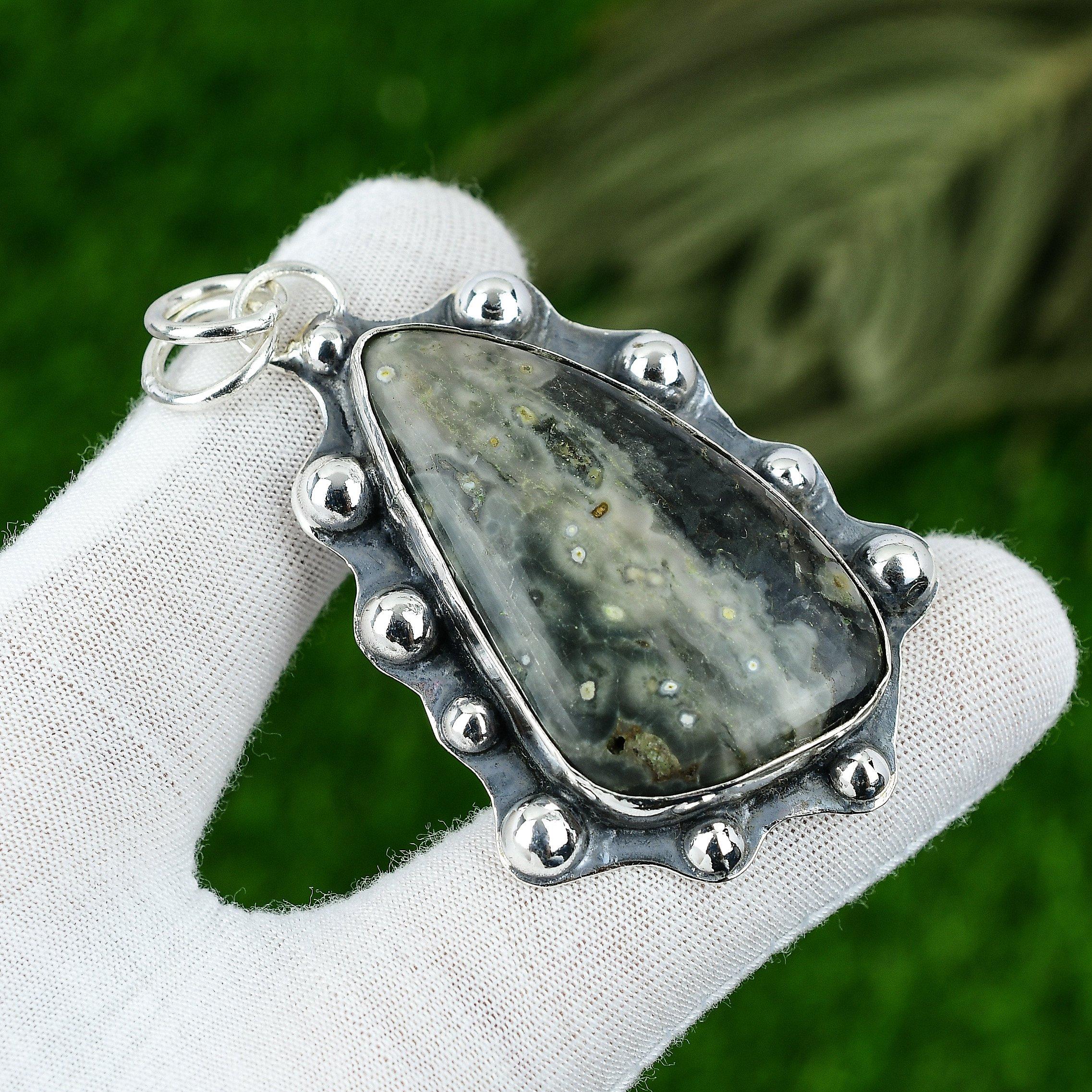 

Подарок на годовщину для нее Подвеска из натурального океанического яшмового драгоценного камня 925 серебро