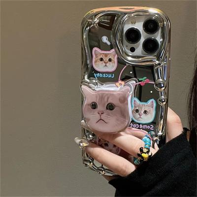 Custodia morbida coreana con supporto a forma di stella con motivo a gatto 3D per iPhone 16, 15, 14, 13, 12, 11 Pro Max X, XS, XR, adorabile gattino, antiurto