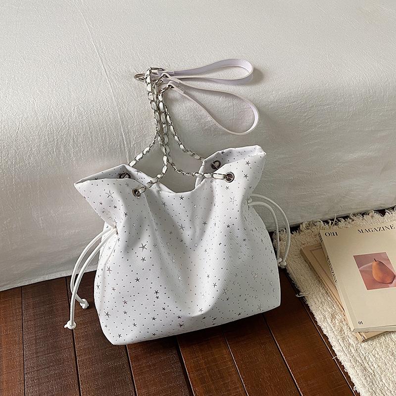 

Star Print Drawstring Bucket Bag Women Casual Soft Shoulder Bag Lightweight Simple Tote Bag Large Capacity Daily Commut Hobo Bag 30x10x28cm белый