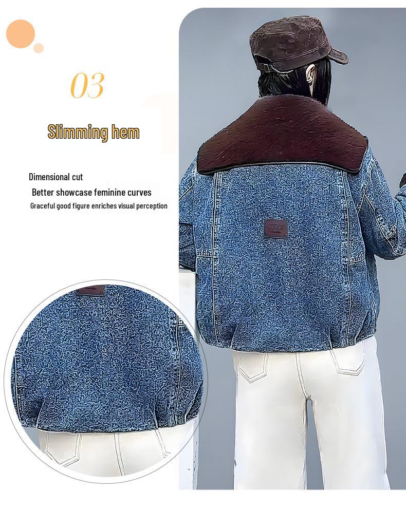 Women's Plus Velvet Cropped Denim Jacket - Winter 2025 Trendy Fashion, Warm & Casual.