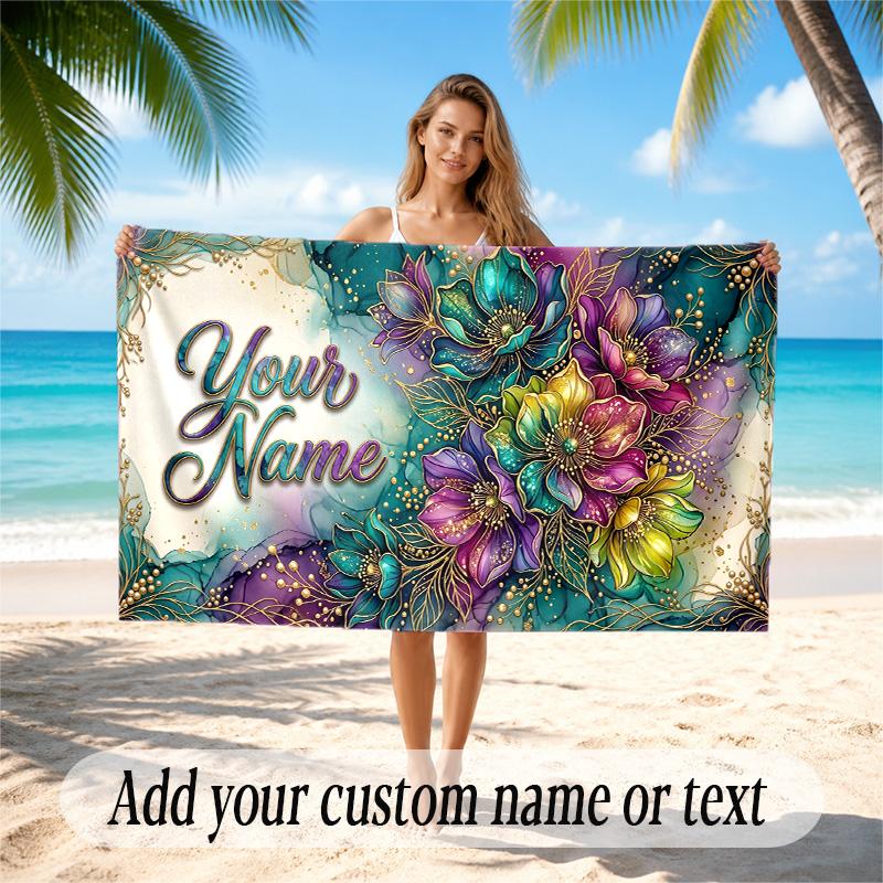 Floral Garden Theme Quick Dry Beach Towel Custom Name Text Print Large Sand Resistant Towel Beach Vacation