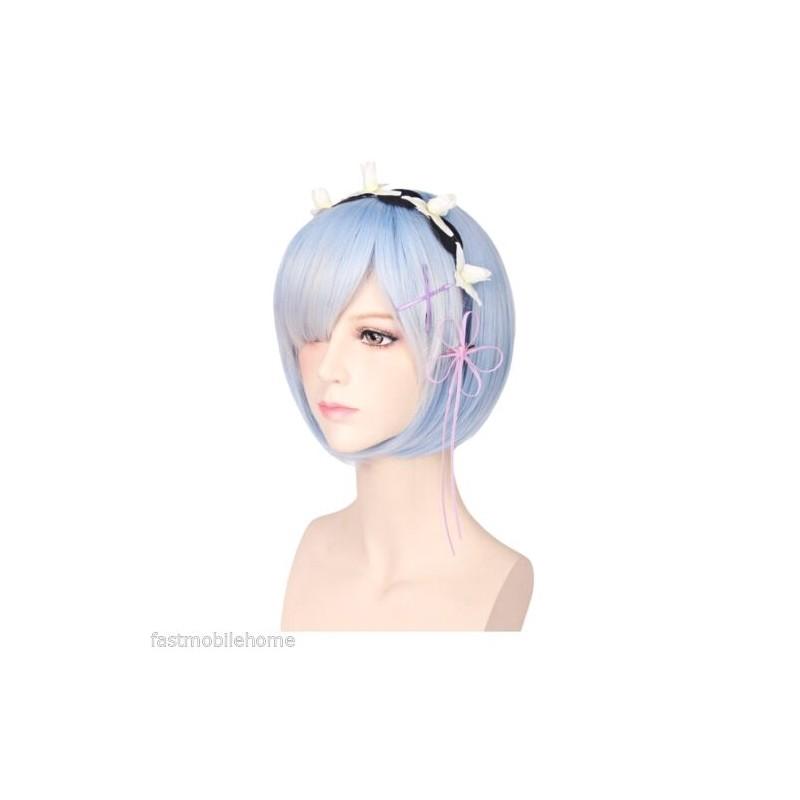 Premium Women Short Ram Rem Cosplay Wig With Stylish Adornment And Heat Resistant Synthetic Bob Hair