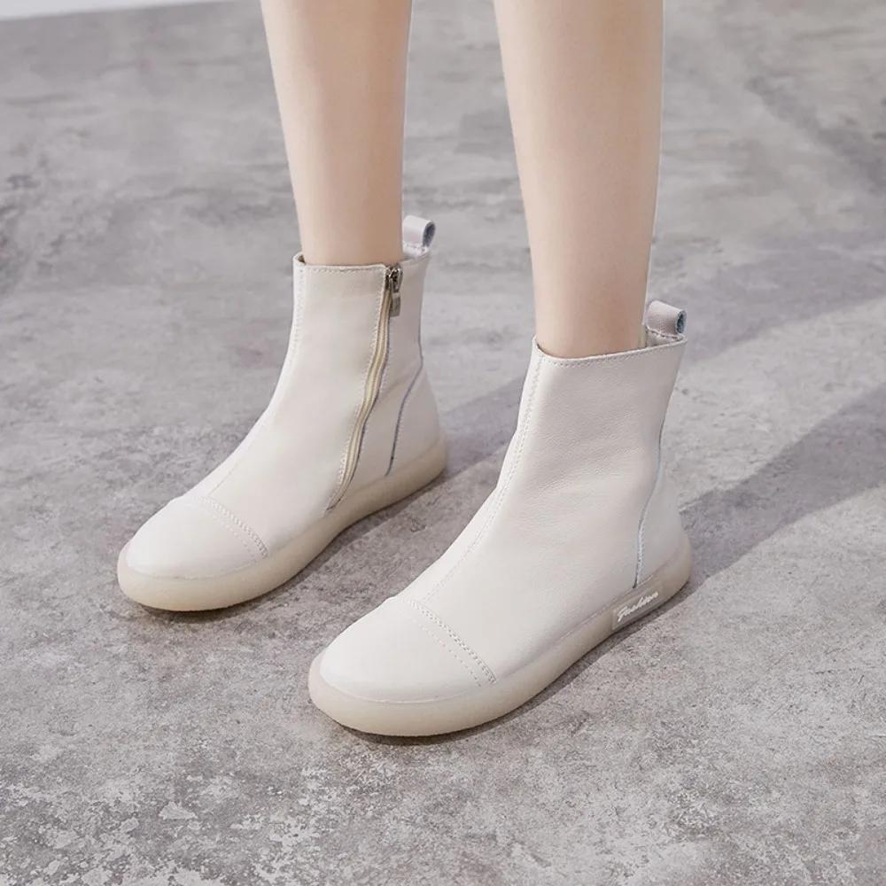 Short Boots Women's Autumn Winter New Item Cowhide Soft Soled Women's Boots Casual High Top Shoes Side Zipper Ankle Boots Women