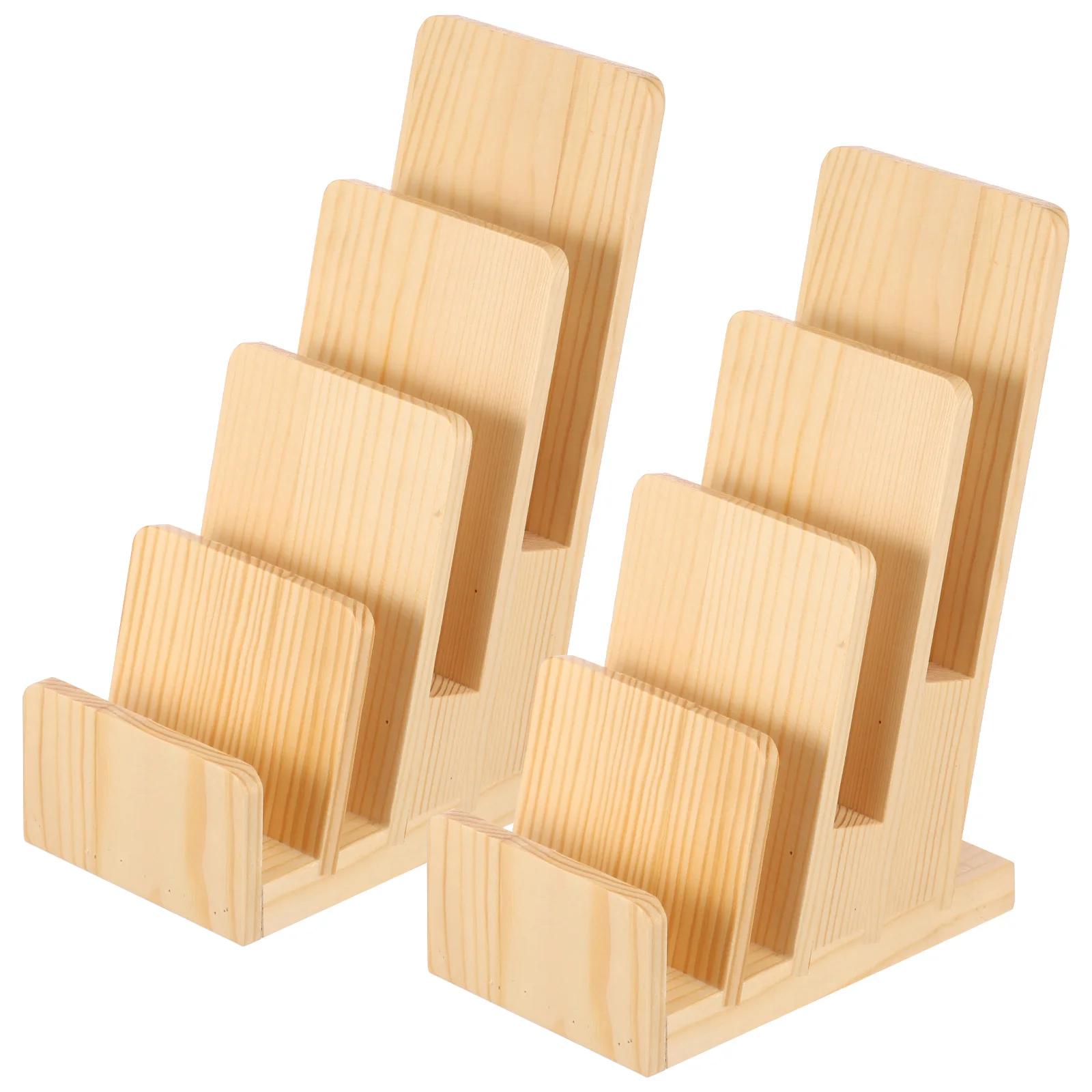 

2Pcs 4 Tier Wood Brochure Display Stand Countertop Pamphlet Storage Holder Office Desk Flyer Business Card Holder
