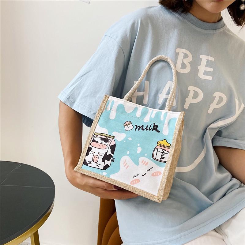 Student Cartoon Canvas Handbag Cute Avocado Pattern Shopping Tote Bag for Girls