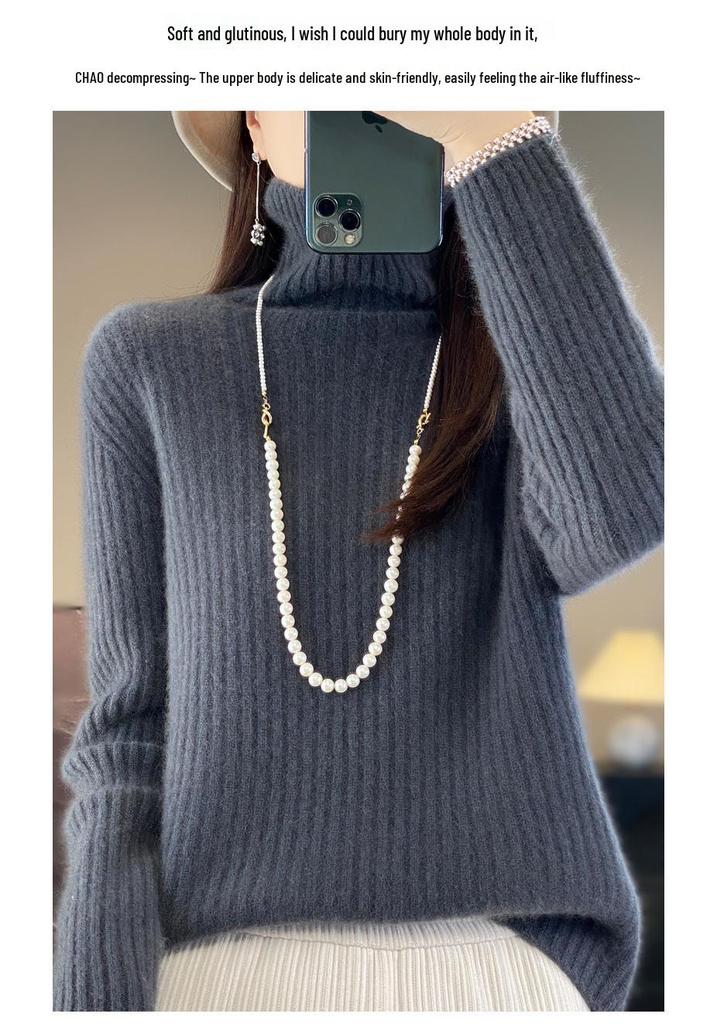 Women's High-Neck Thick Knit Sweater, Autumn/Winter Korean Style, Loose Fit, Slouchy Neck Knitwear