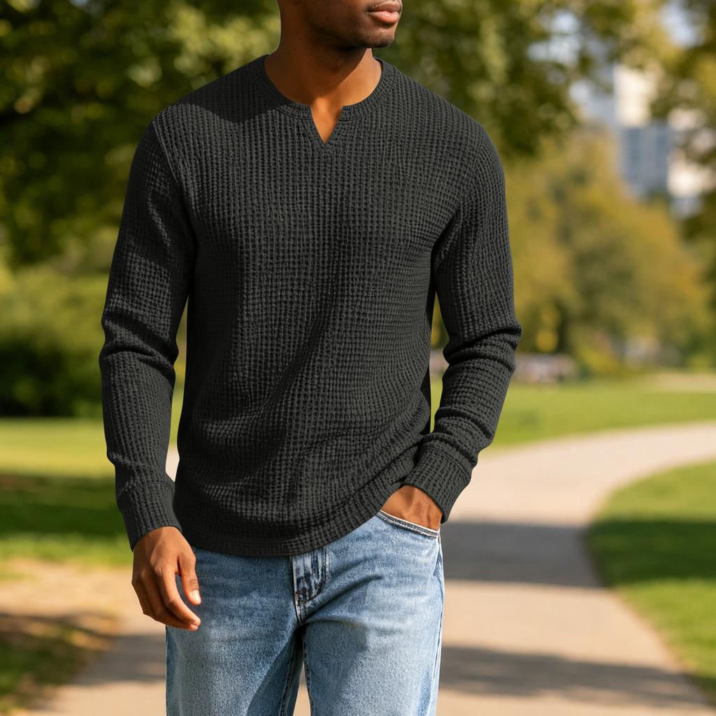 Men's Casual V-Neck Long Sleeve Shirt Loose Fit Top