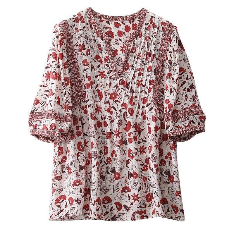Summer V-neck Chiffon Shirt Women Floral Print Vintage Blouses Women Casual Female Shirts Short Sleeve Tops Clothes 22214
