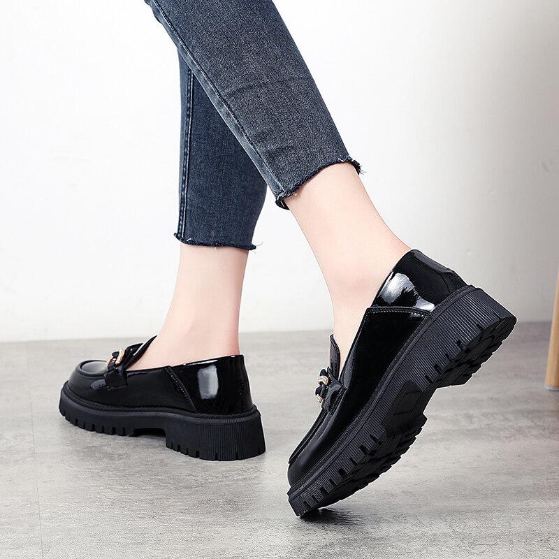 Dam Loafers Plattform Chunky Lady Summer Casual svarta läderskor