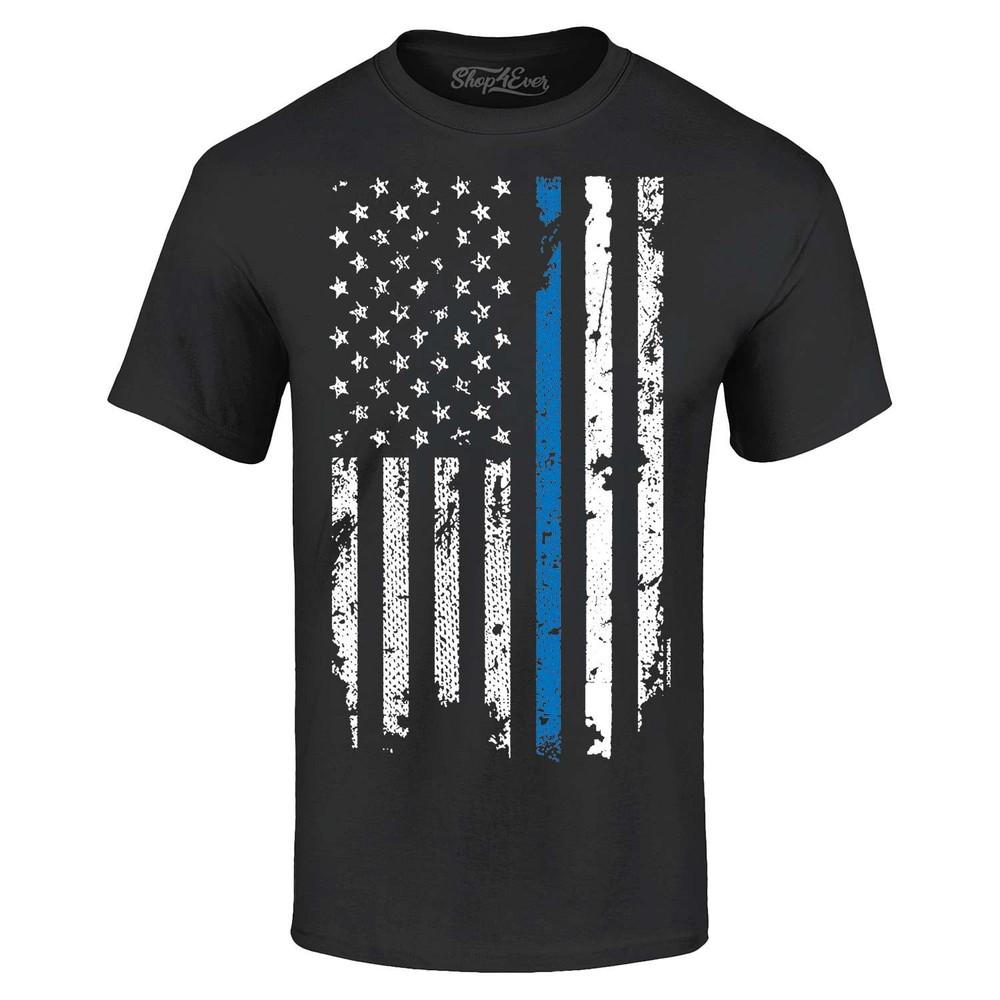 

American Flag Blue Line T-shirt Police Officer USA Shirt 4XL