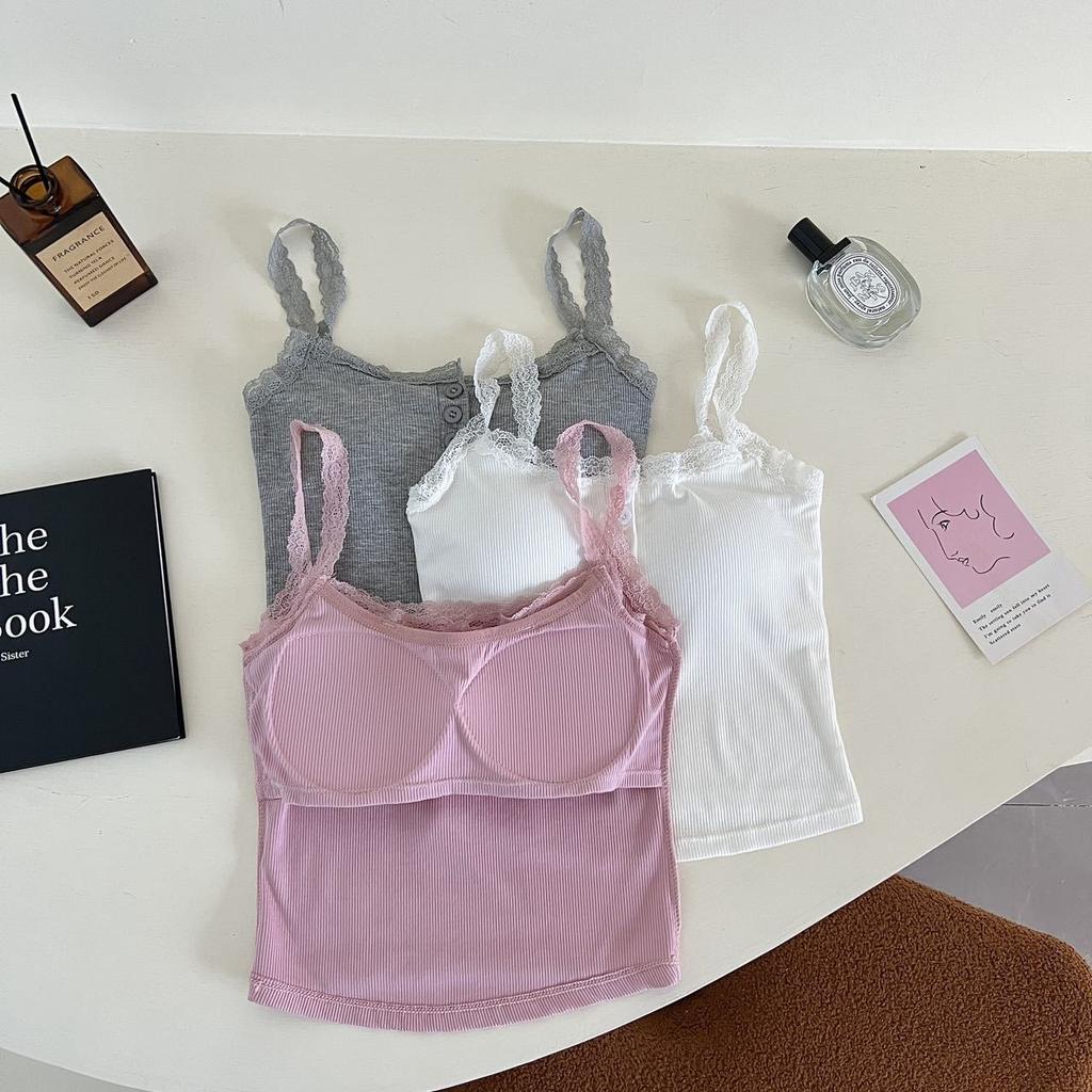 Camiseta sin mangas acanalada de encaje, Tops cortos con cuello Halter para mujer, camisola con botones, camisola con espalda al aire, chaleco recortado sin mangas de tubo de punto a la moda para mujer