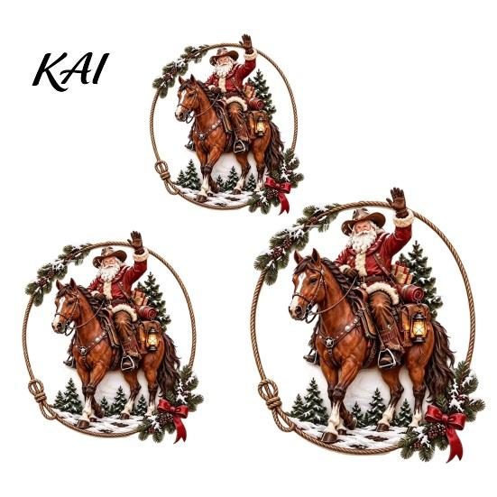 Holiday Home Interior Ornaments Cowboy Santa Riding Horse Metal Wall Art, Western Christmas Round Sign with Sturdy Ranch Accents Rope Border,