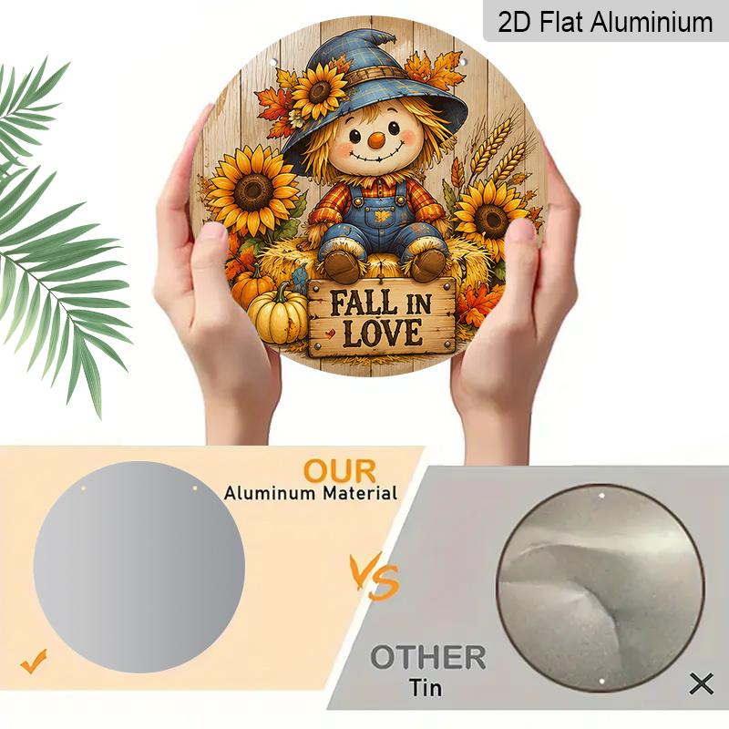 2D Flat, 1pc Round Aluminum Hanging Sign, Rustic Cartoon Style Plaid Overalls Scarecrow Blue Witch Hat Sunflower Wheat Mini Pumpkin Pattern, Fall