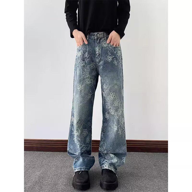 Jeans Larghi Unisex a Vita Media Deostrutturati Vestibilità Larga Vintage Americano Lavato Baggy in Denim Pantaloni Rilassati Lunghi Fino a Terra