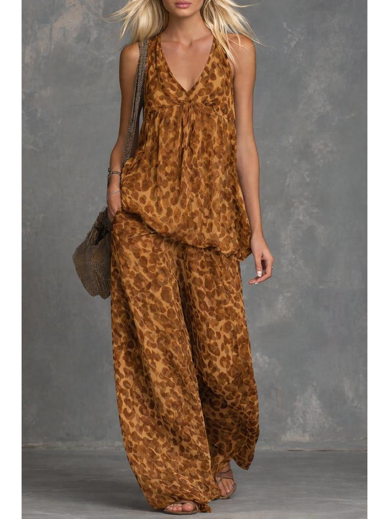 European Leopard Print Sleeveless Top & Chiffon Wide-Leg Pants Set for Women