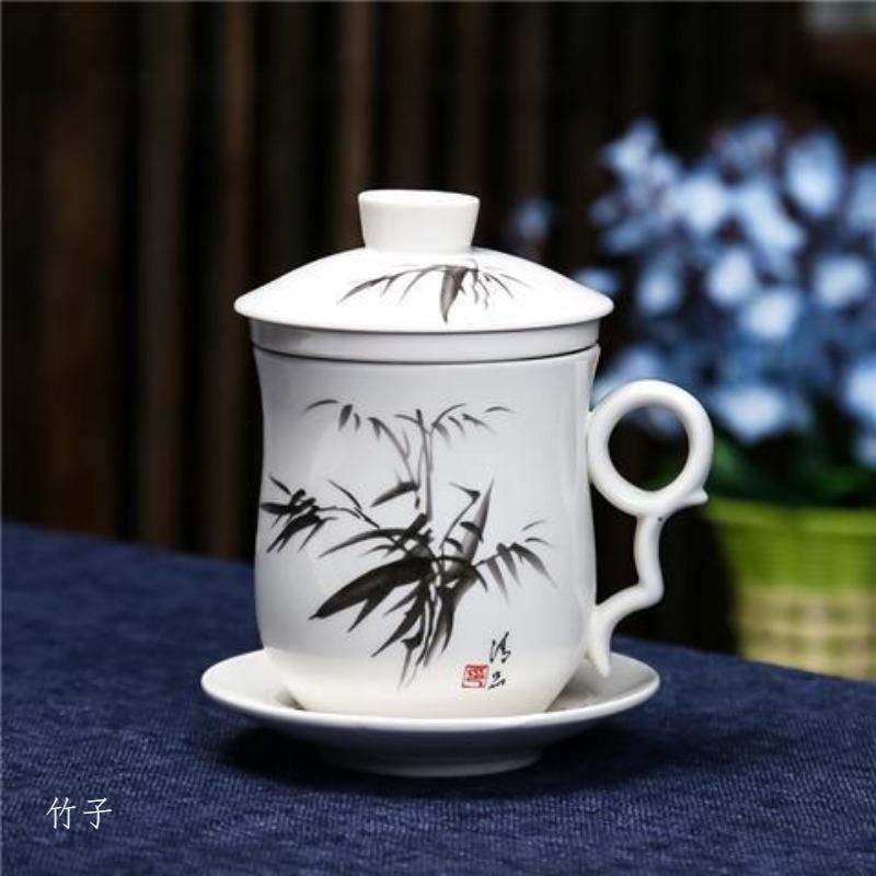 4-teiliges Teetassen-Set Persönliche Teetasse Keramik mit innerem Filter und Deckel Wasserbecher Blau-Weißes Porzellan Büro Konferenzbecher