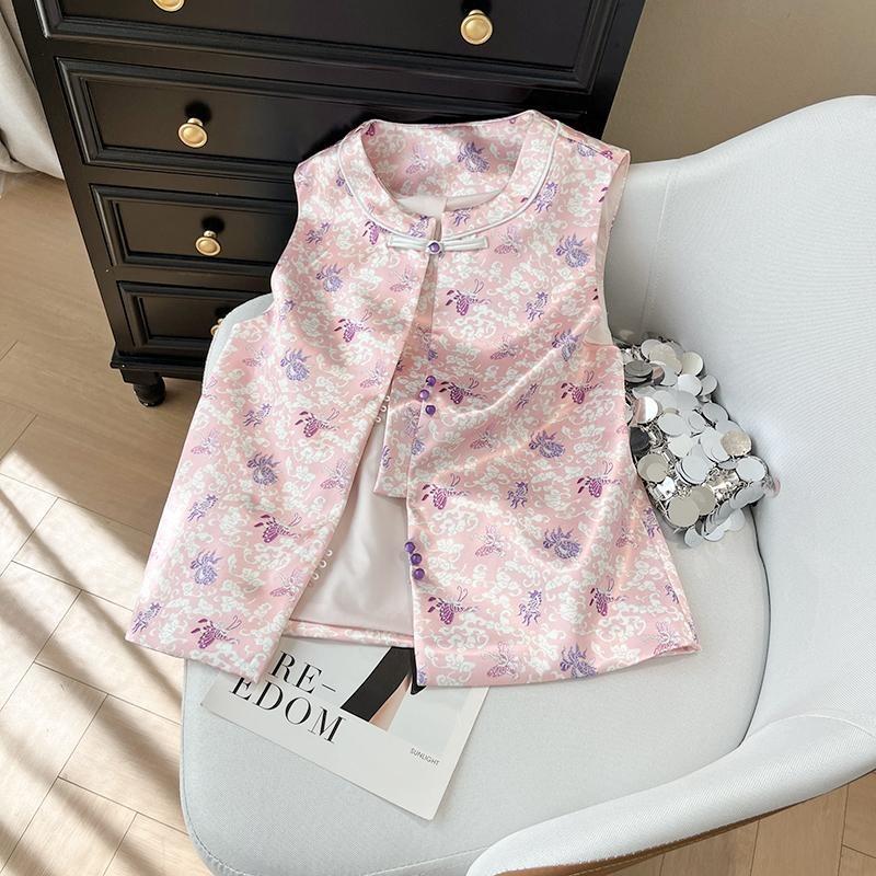 6429 New vest spring and summer pink purple brocade jacquard disc buckle sleeveless vest