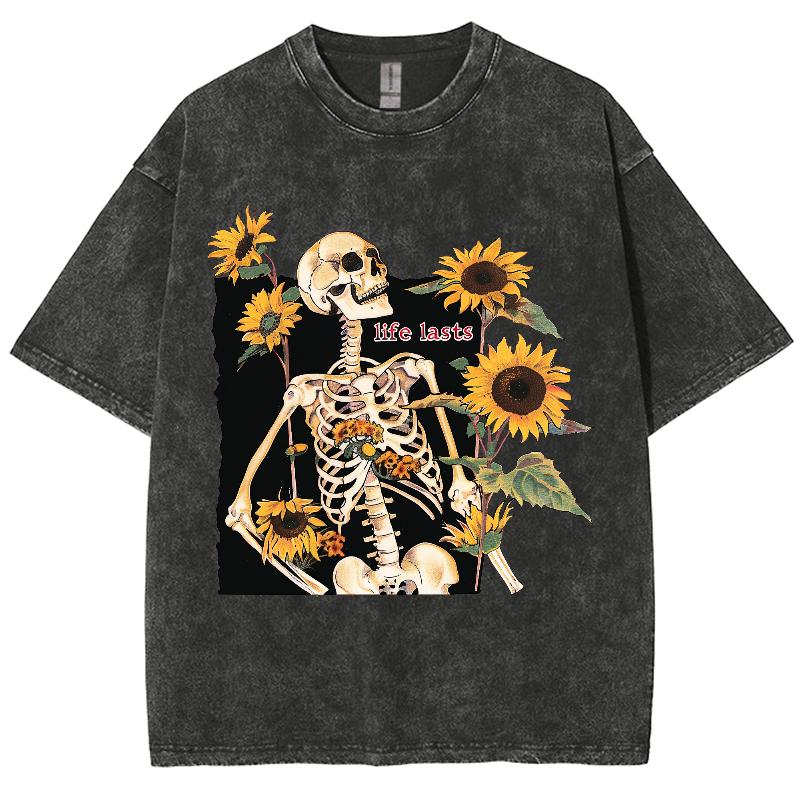 Camiseta de Verano para Mujer Y2K Ropa de Mujer Ventas Oversize Estampado Calavera Girasol Holgada Lavada Tendencia Manga Corta