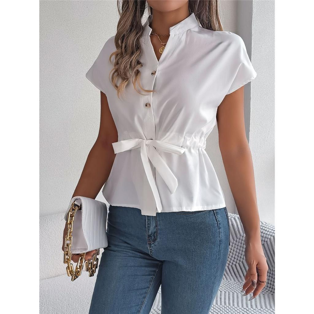 Camicie estive da donna Manica corta Chiffon Scollo a V Bottoni Elegante Cintura Camicia