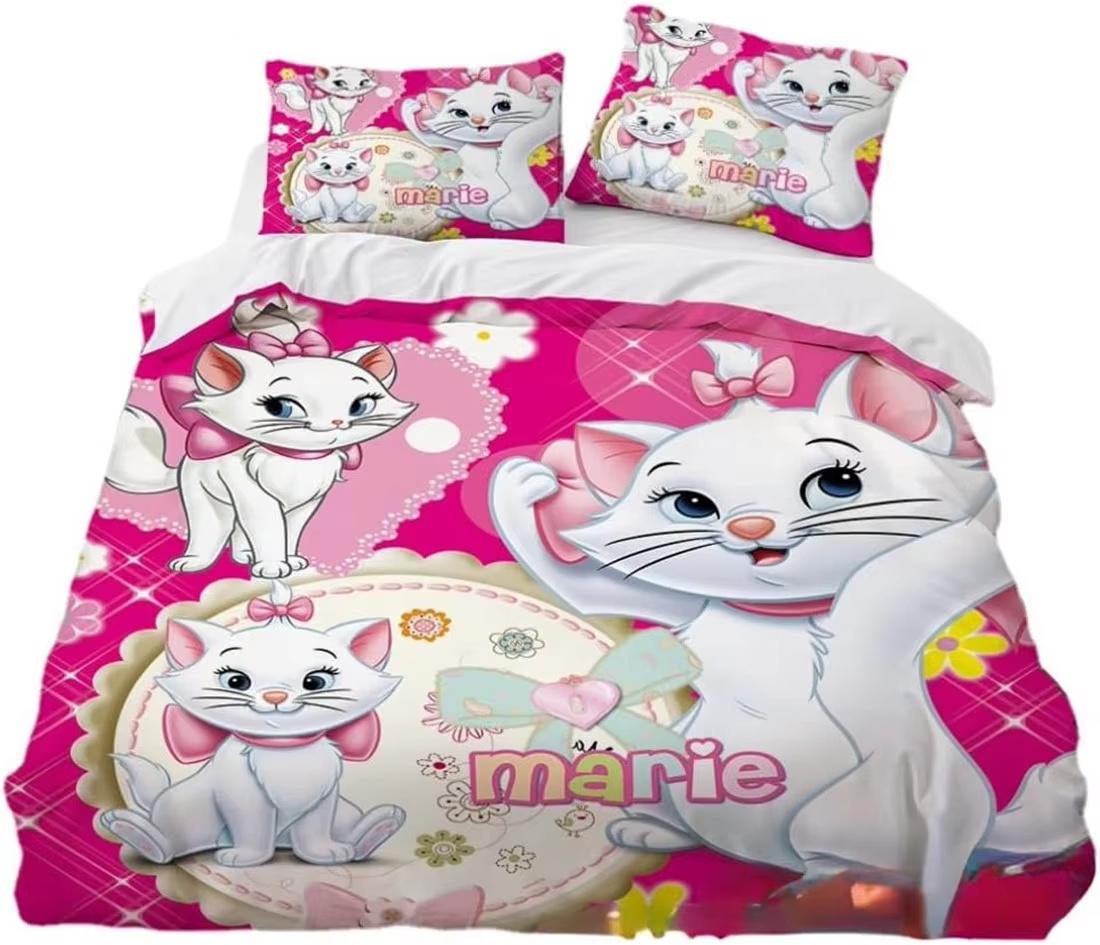 Lovely Like Marie Cat Single Duvet Cover Set and Pillowscase,The Aristocats Bedding Set with Zipper for Girl bedroom Gift 135x200cm