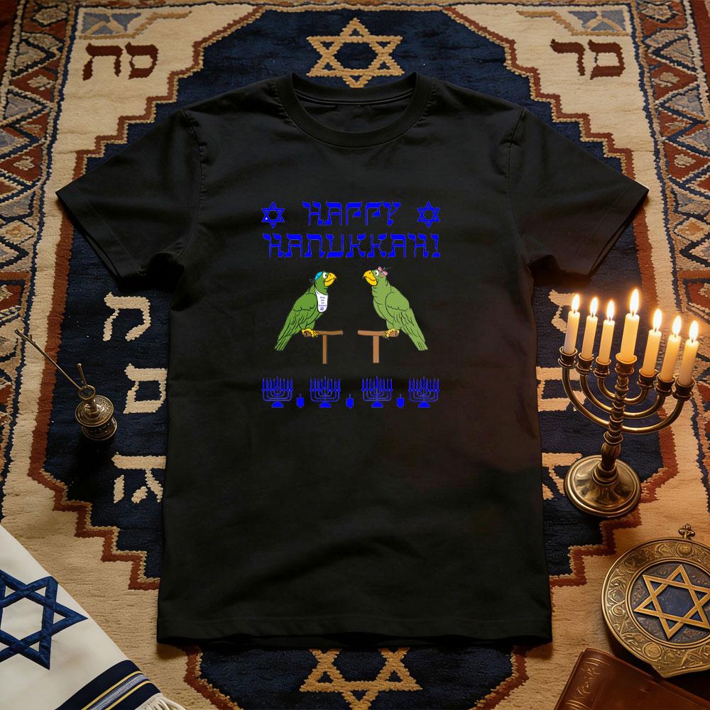 

Happy Hanukkah with Oscar and Hortence The Cartoon Parrots TShirt Women Unisex Cotton Graphic T Shirts Festival Shortsleev S