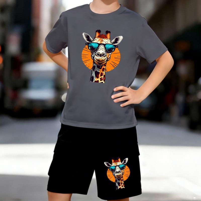 Boys 2 Piece Cool Giraffe Print Outfit, Short Sleeve T-Shirt and Shorts Set for Kids Age 5-14,Black ,White Sporty Casual Summer Clothes