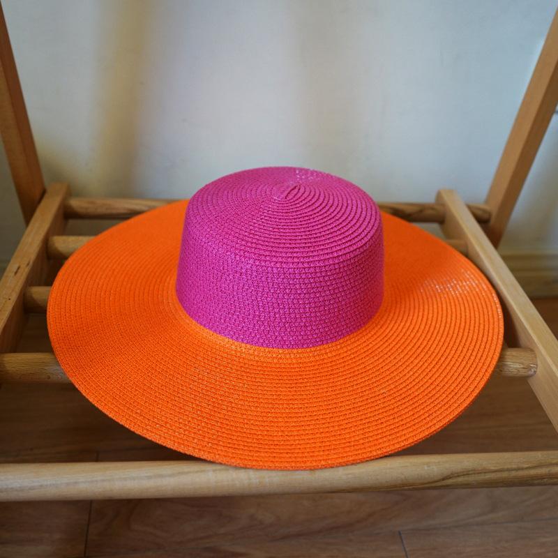 European And American Contrasting Colors Rose Red Splicing Orange Flat Top Top Top Hat Women'S Summer Vacation Beach Seaside Straw Hat Wide Brim Retro